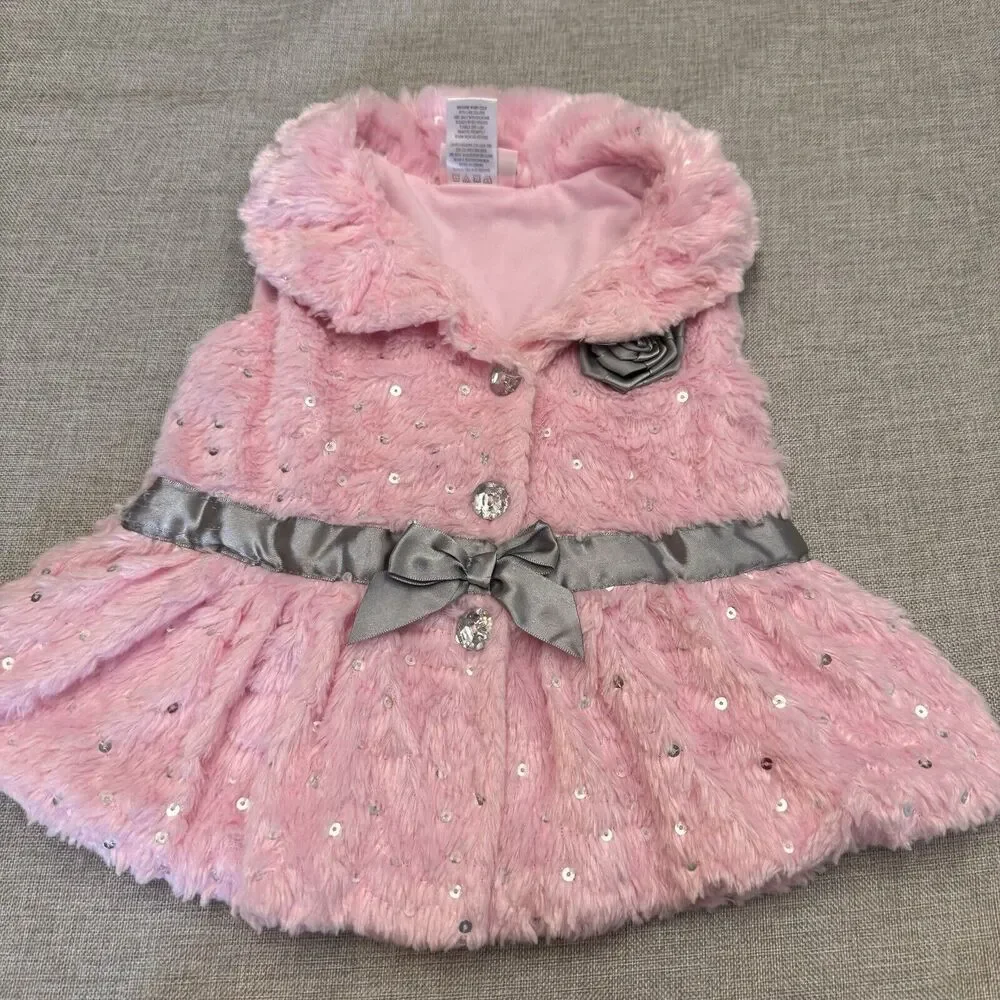 Little Lass 2T Pink Sparkle Sequin Sleeveless Fur Vest OverCoat Barbiecore
